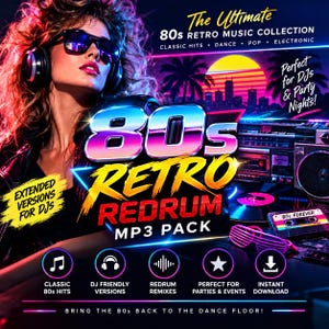 Op de afbeelding: Een digitale muziekcollectie-afbeelding getiteld 80s RETRO REDRUM MP3 PACK met een persoon met volumineus haar, een koptelefoon en zonnebril, een boombox, een cassettebandje en neon zonsondergangbeelden met tekst waaronder The Ultimate 80s RETRO MUSIC COLLECTION.