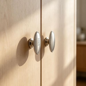 May include: Two oval-shaped, brushed silver metal cabinet knobs with a beaded edge detail. The left knob features the engraved letters HWS in a vertical orientation. These knobs are mounted on light-colored, vertical-grain wooden cabinet doors.