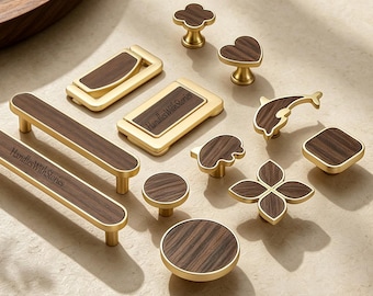 Walnut Wood Zinc Alloy Cabinet Pulls, Butterfly drawer pulls, Heart drawer knobs, Dolphin dresser knobs，clover wardrobe knobs(Gold Base)