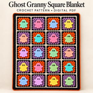 May include: A crochet blanket featuring a grid of granny squares with colorful ghost appliques in shades of pink, yellow, green, and blue. The text reads Ghost Granny Square Blanket CROCHET PATTERN DIGITAL PDF.