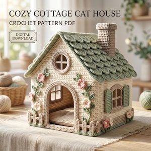 Puede incluir: Un patrón de ganchillo para casa de gato en PDF titulado COZY COTTAGE CAT HOUSE DIGITAL DOWNLOAD. La casa presenta una estructura color crema, un tejado de escamas verde salvia, una chimenea marrón, apliques florales y una valla.