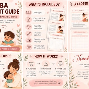 May include: A 20-page ABA Parent Guide in English, featuring illustrations of a caregiver and child. Includes sections on ABC data, practice activities, and printable PDF sheets in US Letter size, with instructions on how to purchase and use.