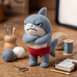 May include: A needle-felted shark figurine with a grey body, white belly, and red swim trunks. The shark has a grumpy facial expression with furrowed brows and arms crossed over its chest. It stands upright on two legs with a dorsal fin and tail visible.