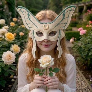 May include: A cream-colored felt mask shaped like large moth wings with teal embroidered details and a central crescent moon emblem. The mask features wide, wing-like extensions that frame the face, crafted from a soft, textured material.