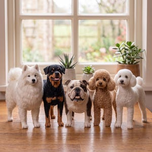 May include: A collection of five realistic dog figurines standing in a row. The group includes a fluffy white Samoyed, a black and tan Rottweiler, a brown and white Bulldog, a curly light brown Poodle, and a white Poodle with curly fur.