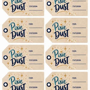 May include: Eight rectangular tan gift tags with a reinforced hole on the left side. Each tag features the dark blue text Pixie Dust, gold star accents, and white dots. To the right, there are lines for From and Stateroom information.