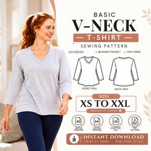 May include: A sewing pattern for a basic V-neck t-shirt with 3/4 sleeves, designed for knit fabric. The document includes front and back technical line drawings, sizing from XS to XXL, and icons for A0, A4, US letter, and PDF file formats.