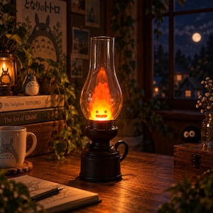 May include: A black oil-style lamp featuring a clear glass chimney and an internal orange and yellow flame-shaped light. The lamp has a small handle on the side and a base that resembles a mug, emitting a warm glow in a dimly lit room.