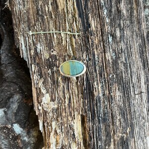 Op de afbeelding: Een zilveren ring met een ovaalvormige steen met een glad oppervlak. De steen vertoont een duidelijke kleurscheiding, met &eacute;&eacute;n kant in een gedempt mosterdgeel en de andere kant in een zacht blauwgroen, gezet in een eenvoudige metalen zetting.