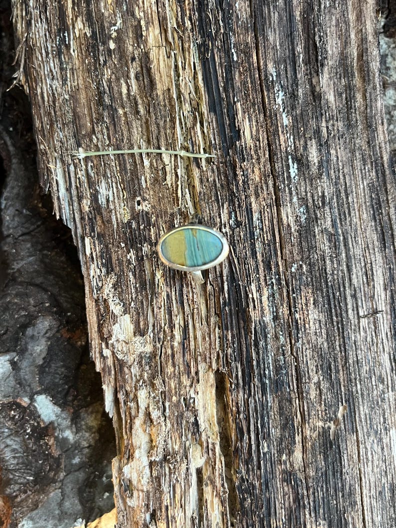 Op de afbeelding: Een zilveren ring met een ovaalvormige steen met een glad oppervlak. De steen vertoont een duidelijke kleurscheiding, met &eacute;&eacute;n kant in een gedempt mosterdgeel en de andere kant in een zacht blauwgroen, gezet in een eenvoudige metalen zetting.