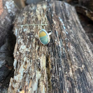 May include: A silver ring featuring an oval-shaped stone with horizontal bands of mustard yellow, sage green, and slate blue. The stone is set in a smooth, polished silver bezel, and the ring band is made of a simple, plain silver metal wire.