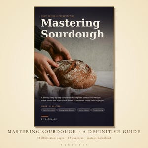Könnte beinhalten: Ein digitaler Ratgeber mit dem Titel Mastering Sourdough, der ein dunkles Cover mit einem runden Laib Brot zeigt. Der Text enthält Home Baking & Fermentation, 13 Kapitel und den Autorennamen Marquane. Themen sind Starter, Scoring und Fehlerbehebung.
