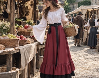 Tenue de paysanne médiévale pour femme, blouse Renaissance, jupe marron à volants, ceinture et foulard, costume cottagecore