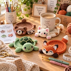 Può includere: Quattro sottobicchieri all'uncinetto fatti a mano a forma di orso marrone, gatto bianco, tartaruga verde e volpe arancione. Sono disposti su un tavolo di legno insieme a una tazza in ceramica, uncinetti, forbici e una scheda di istruzioni.