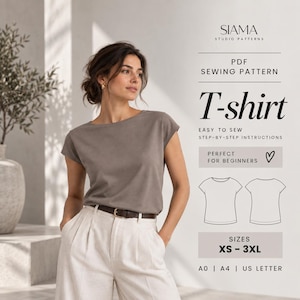 Può includere: Un cartamodello PDF per una T-shirt di Siama Studio Patterns. Il documento include istruzioni passo dopo passo, un disegno al tratto del davanti e del dietro del capo e una gamma di taglie dalla XS alla 3XL, disponibile nei formati A0, A4 e US Letter.