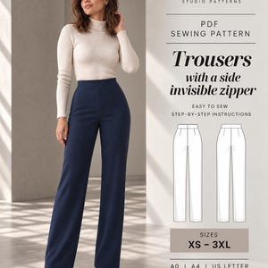 May include: A PDF sewing pattern for trousers with a side invisible zipper by Siama Studio Patterns. The document includes step-by-step instructions, technical line drawings of the front and back of the trousers, and size options ranging from XS to 3XL.