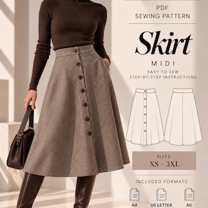 May include: A PDF sewing pattern for a midi skirt by Siama Studio Patterns. The design features a button-front closure and includes sizes XS to 3XL. The document provides step-by-step instructions and is available in A4, US Letter, and A0 print formats.