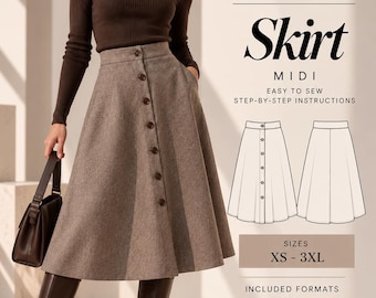 May include: A PDF sewing pattern for a midi skirt by Siama Studio Patterns. The design features a button-front closure and includes sizes XS to 3XL. The document provides step-by-step instructions and is available in A4, US Letter, and A0 print formats.