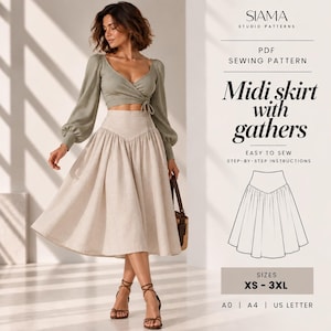 May include: A PDF sewing pattern for a midi skirt with gathers by Siama Studio Patterns. The design features a high-waisted, A-line silhouette with a V-shaped front yoke. Includes instructions for sizes XS to 3XL, available in A0, A4, and US letter formats.