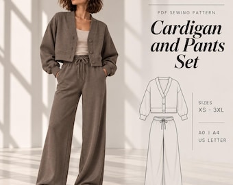 May include: A PDF sewing pattern for a Cardigan and Pants Set by Siama Studio Patterns. The set includes a cropped, button-front cardigan with long sleeves and wide-leg pants with a drawstring waist. Sizes XS-3XL, A0, A4, and US Letter formats.