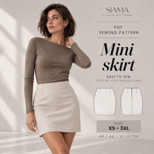 Puede incluir: Un patrón de costura en PDF para una minifalda de Siama Studio Patterns. La imagen muestra a una persona con una blusa marrón de manga larga y una minifalda beige. Se incluyen dibujos técnicos de la falda con las tallas XS a 3XL y los formatos A0, A4 y US Letter.