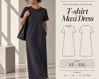 May include: A PDF sewing pattern for a T-shirt maxi dress by SIAMA Studio Patterns. The design features a round neckline, short sleeves, and a floor-length hem. The document includes technical line drawings, size range XS-3XL, and format options.