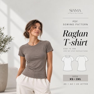 Op de afbeelding: Een PDF-naaipatroon voor een raglan T-shirt van Siama Studio Patterns. De tekst bevat "Raglan T-shirt", "Easy to sew", "Step-by-step instructions" en "Sizes XS-3XL". De afbeelding toont een bruin T-shirt met raglanmouwen en lijntekeningen.