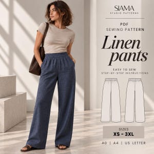 Può includere: Un cartamodello PDF per pantaloni in lino di Siama Studio Patterns. L'immagine mostra una t-shirt beige, pantaloni ampi blu scuro con elastico in vita e una borsa marrone. Include disegni tecnici, taglie XS-3XL, formati A0, A4, US Letter.