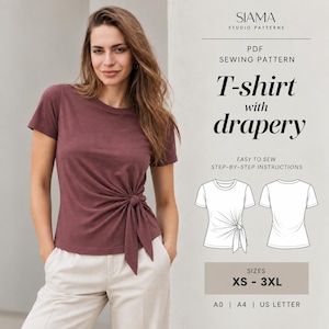 May include: A PDF sewing pattern for a T-shirt with drapery by Siama Studio Patterns. The design features a short-sleeved, crew-neck T-shirt in a dark mauve colour with a side-tie knot detail. Includes technical line drawings and sizes XS-3XL.