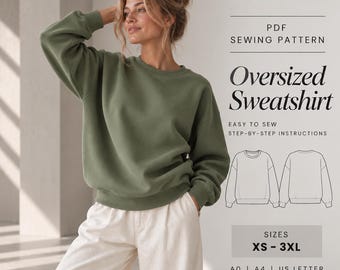 May include: A PDF sewing pattern for an oversized sweatshirt by Siama Studio Patterns. The image displays a long-sleeved olive green sweatshirt, a technical line drawing of the garment, and text indicating sizes XS to 3XL and A0, A4, US letter formats.