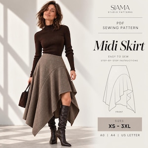 Op de afbeelding: Een PDF-naaipatroon voor een midirok van Siama Studio Patterns. Het ontwerp heeft een asymmetrische zoom, getoond in een bruine, gestructureerde stof. Het document bevat stapsgewijze instructies, een technische tekening en de maten XS-3XL.