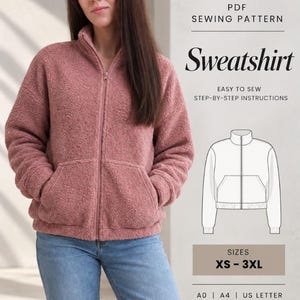 以下が含まれることがあります： SIAMA STUDIO PATTERNSによるスウェットシャツのPDF縫製パターン。デザインはモックネック、フルフロントジッパー、2つのフロントポケットが特徴です。パターンはXSから3XLまでのサイズを含み、A0、A4、USレター形式で利用可能です。