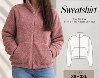 May include: A PDF sewing pattern for a sweatshirt by SIAMA STUDIO PATTERNS. The design features a mock neck, full-length front zipper, and two front pockets. The pattern includes sizes XS to 3XL and is available in A0, A4, and US Letter formats.