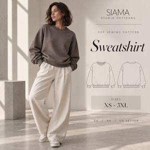 以下が含まれることがあります： Siama Studio PatternsによるスウェットシャツのPDF型紙。画像には、茶色の長袖スウェットシャツ、白いワイドパンツ、白いスニーカーが写っています。前後の線画、サイズXS-3XL、A0、A4、USレター形式が含まれています。