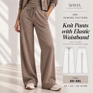 May include: A PDF sewing pattern for knit pants with an elastic waistband by SIAMA Studio Patterns. The design features wide-leg trousers with a drawstring, available in sizes XS-3XL. Includes step-by-step instructions and A0, A4, and US Letter formats.