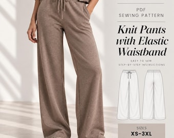May include: A PDF sewing pattern for knit pants with an elastic waistband by SIAMA Studio Patterns. The design features wide-leg trousers with a drawstring, available in sizes XS-3XL. Includes step-by-step instructions and A0, A4, and US Letter formats.
