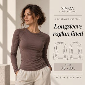 Può includere: Un cartamodello PDF per un top a maniche lunghe raglan aderente di SIAMA Studio Patterns. L'immagine mostra una maglia marrone a maniche lunghe, un disegno tecnico del davanti e del dietro, e il testo che indica le taglie dalla XS alla 3XL.