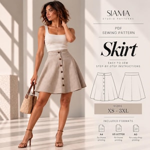 May include: A beige A-line skirt with a front button closure, paired with a white tank top. The text reads: SIAMA STUDIO PATTERNS, PDF SEWING PATTERN, Skirt, EASY TO SEW STEP-BY-STEP INSTRUCTIONS, SIZES XS - 3XL, INCLUDED FORMATS, A4, US LETTER, A0.