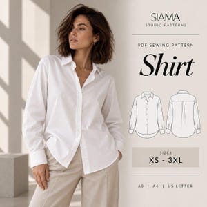 Puede incluir: Una camisa blanca de manga larga con cuello. La imagen incluye el texto SIAMA STUDIO PATTERNS, PDF SEWING PATTERN, Shirt, SIZES XS - 3XL, A0 | A4 | US LETTER y un dibujo técnico de líneas que muestra las vistas frontal y trasera.