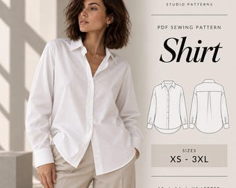 May include: A white long-sleeve button-down shirt with a collar. The image includes text reading SIAMA STUDIO PATTERNS, PDF SEWING PATTERN, Shirt, SIZES XS - 3XL, A0 | A4 | US LETTER, and a technical line drawing showing front and back views.