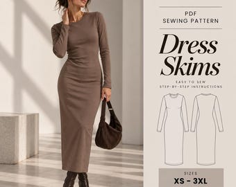May include: A PDF sewing pattern for a long-sleeved, ankle-length dress titled Dress Skims by Siama Studio Patterns. The document includes step-by-step instructions, technical line drawings of the front and back, and size ranges from XS to 3XL.