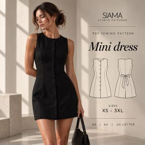 May include: A black sleeveless mini dress with a front button placket. The image includes text: SIAMA STUDIO PATTERNS, PDF SEWING PATTERN, Mini dress, SIZES XS - 3XL, A0 | A4 | US LETTER, and a technical line drawing of the front and back.