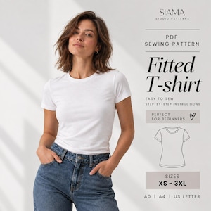 Può includere: Una t-shirt bianca aderente a maniche corte abbinata a jeans blu. Il testo recita: SIAMA STUDIO PATTERNS, PDF SEWING PATTERN, Fitted T-shirt, EASY TO SEW STEP-BY-STEP INSTRUCTIONS, PERFECT FOR BEGINNERS, SIZES XS - 3XL, A0 | A4 | US LETTER.