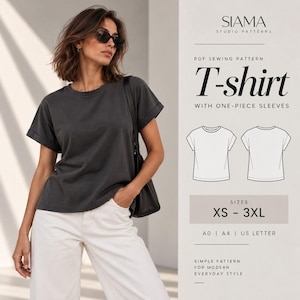 May include: A PDF sewing pattern for a T-shirt with one-piece sleeves by Siama Studio Patterns. The design includes sizes XS to 3XL, compatible with A0, A4, and US letter formats. The visual shows a dark grey T-shirt with rolled sleeves and white trousers.