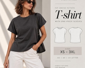 T-Shirt with One-Piece Sleeves for Beginners, Easy Knit Top, Digital Sewing Pattern (XS-3XL)