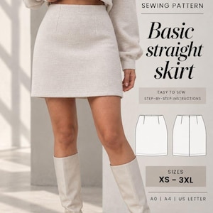 Peut inclure: Un patron de couture PDF pour une jupe droite basique par Siama Studio Patterns. L'image montre une jupe droite beige, un dessin technique du vêtement et du texte incluant "Basic straight skirt", "Sizes XS - 3XL" et "A0 | A4 | US Letter".