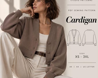 May include: A PDF sewing pattern for a cropped cardigan by SIAMA Studio Patterns. The image displays a brown cardigan with long sleeves, ribbed cuffs, and a button-front closure. Text includes Cardigan, sizes XS-3XL, and formats A0, A4, US Letter.