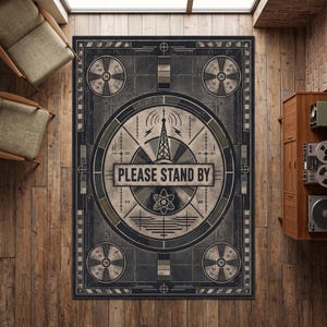 May include: A rectangular area rug featuring a vintage television test pattern design in shades of gray, black, and off-white. The center displays a radio tower icon, an atom symbol, and the text PLEASE STAND BY in a bold, dark font.