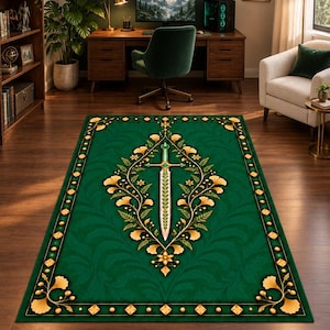 Emerald Green Sword Rug, Gold Botanical Fantasy Area Rug, Medieval Gaming Room Decor, Rectangular Gamer Bedroom Rug