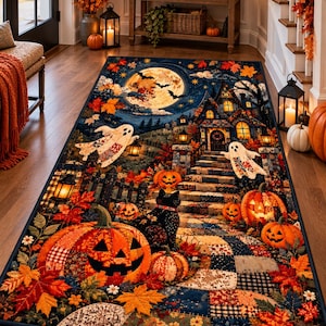 Halloween Patchwork Quilt Rug, Spooky Ghost and Pumpkin Area Rug, Vintage Autumn Full Moon Carpet, Cute Black Cat Fall Floor Mat Decor